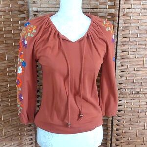 Embroidered Floral Sleeve Peasant Blouse XXS Bohemian